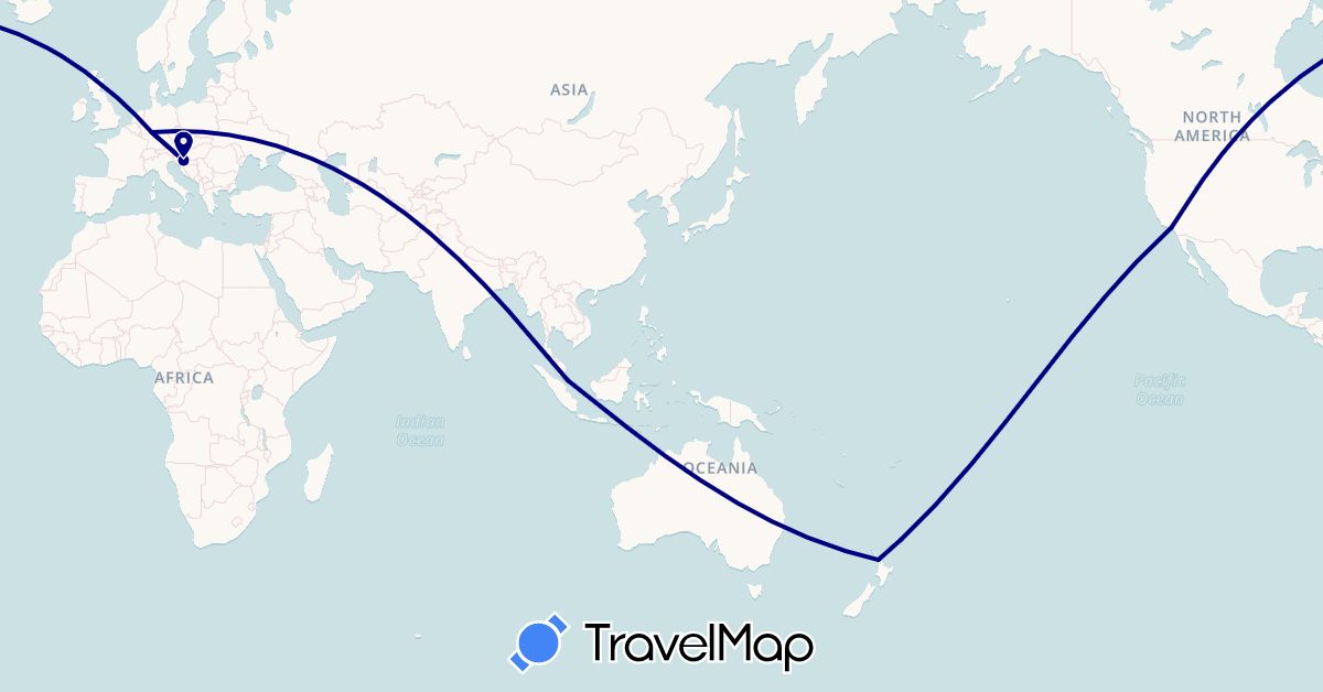 TravelMap itinerary: driving in Germany, Croatia, New Zealand, Singapore, United States (Asia, Europe, North America, Oceania)